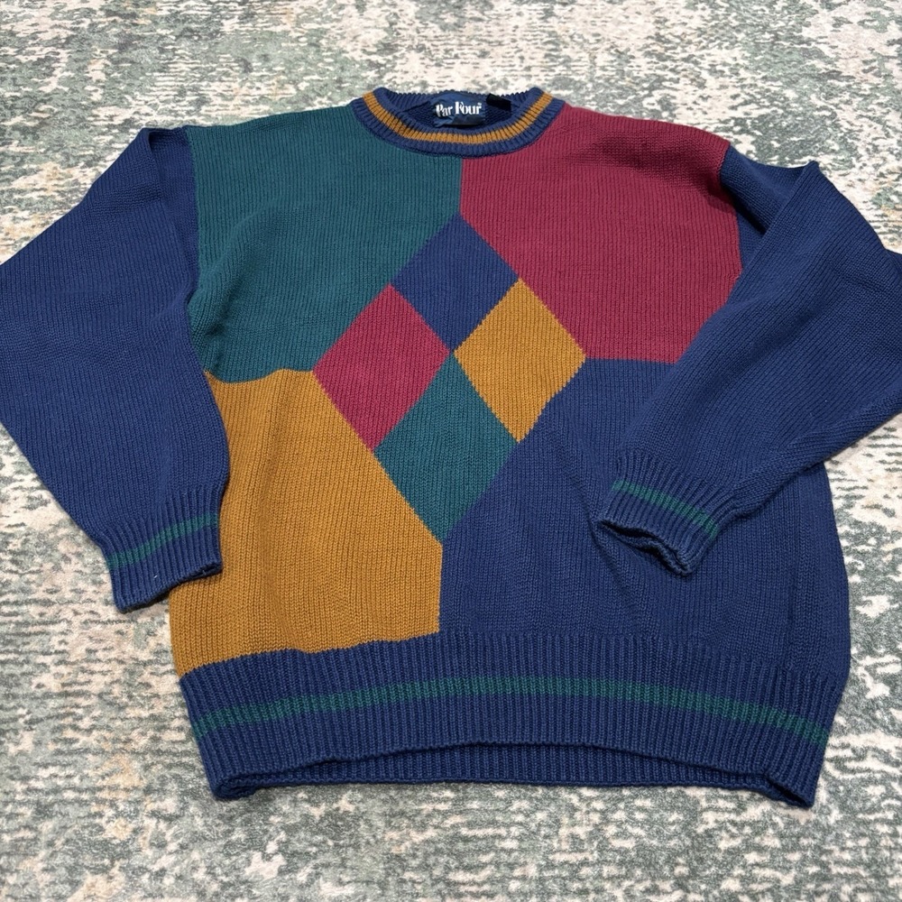 Vintage 80s 90s Par Four Sweater Mens L Argyle Colorblock Golf Knit Preppy